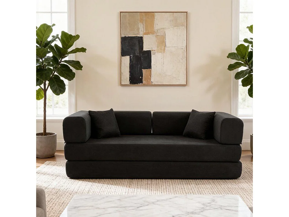 Canapé-lit convertible avec coussins cylindriques, canapé-lit pliant en velours côtelé avec structure fixe, canapé inclinable, noir