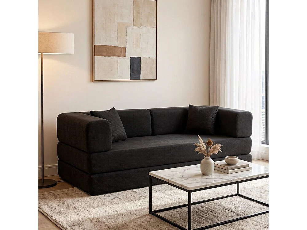 Canapé-lit convertible avec coussins cylindriques, canapé-lit pliant en velours côtelé avec structure fixe, canapé inclinable, noir