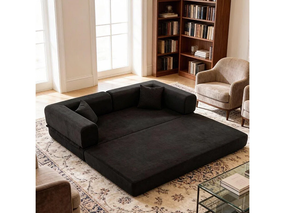 Canapé-lit convertible avec coussins cylindriques, canapé-lit pliant en velours côtelé avec structure fixe, canapé inclinable, noir