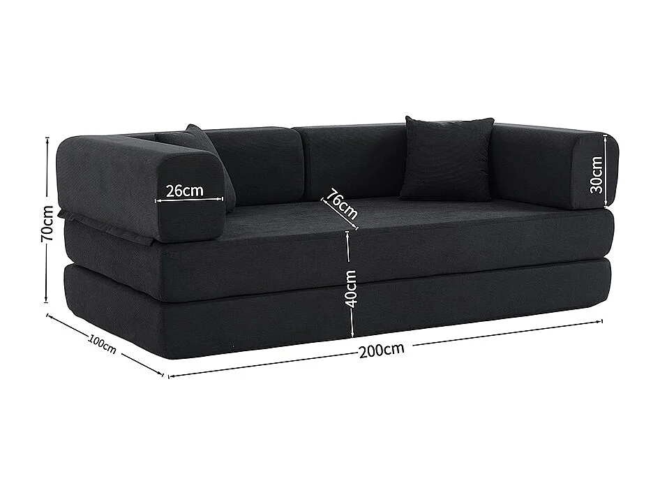 Canapé-lit convertible avec coussins cylindriques, canapé-lit pliant en velours côtelé avec structure fixe, canapé inclinable, noir