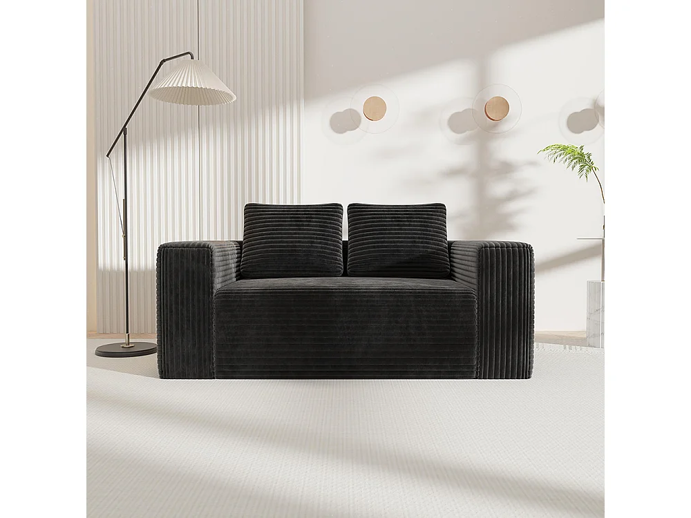 Canapé deux places profond sans cadre, canapé prêt à l'emploi à base de mousse, tissu velours côtelé, noir