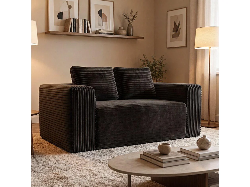 Canapé deux places profond sans cadre, canapé prêt à l'emploi à base de mousse, tissu velours côtelé, noir