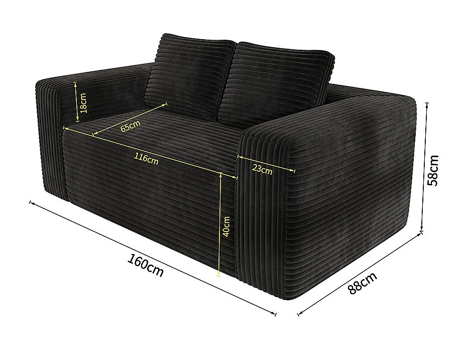 Canapé deux places profond sans cadre, canapé prêt à l'emploi à base de mousse, tissu velours côtelé, noir