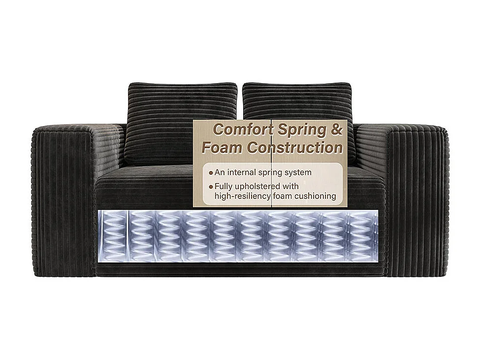 Canapé deux places profond sans cadre, canapé prêt à l'emploi à base de mousse, tissu velours côtelé, noir