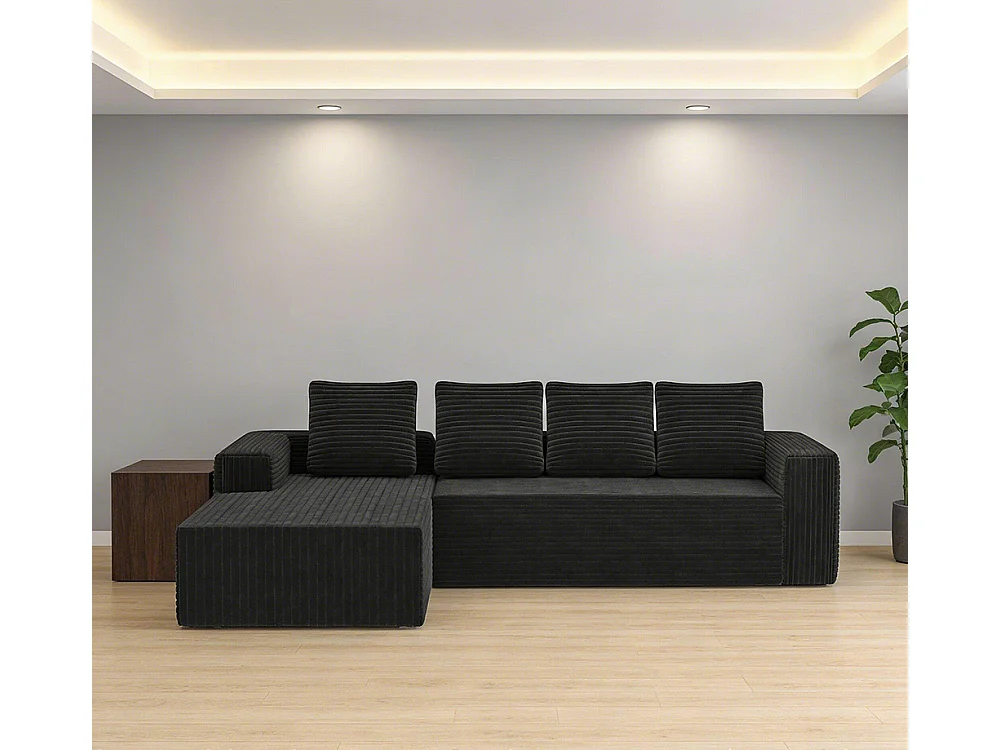 Canapé modulable profond avec méridienne à droite, prêt à monter, velours côtelé, noir