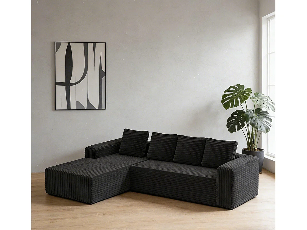 Canapé modulable profond avec méridienne à droite, prêt à monter, velours côtelé, noir