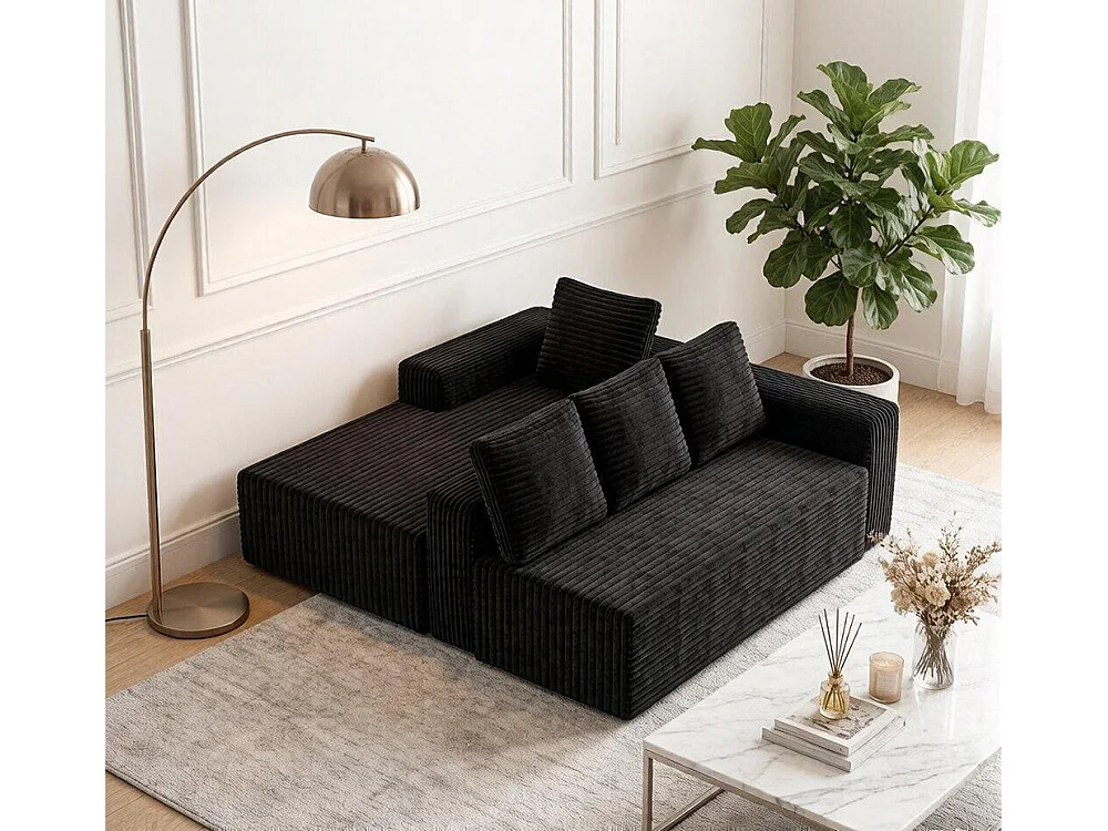 Canapé modulable profond avec méridienne à droite, prêt à monter, velours côtelé, noir