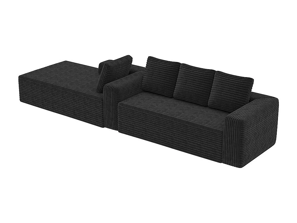 Canapé modulable profond avec méridienne à droite, prêt à monter, velours côtelé, noir