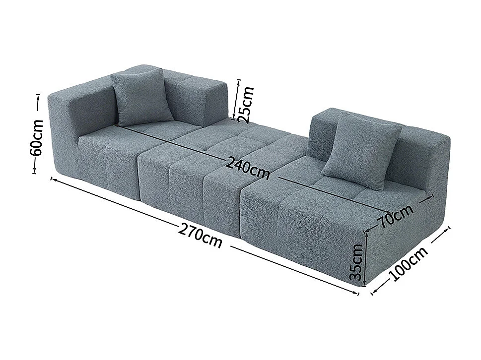Canapé modulable convertible, canapé trois places sans ossature, aucun assemblage requis, gris clair