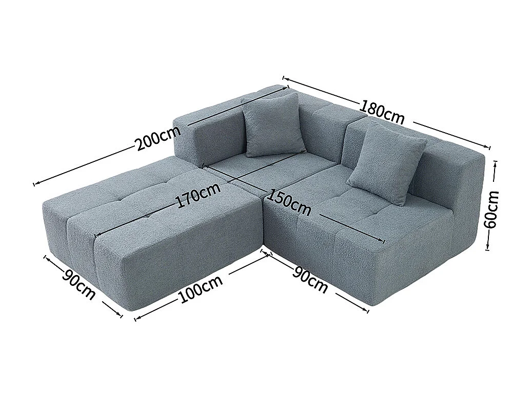 Canapé modulable convertible, canapé trois places sans ossature, aucun assemblage requis, gris clair