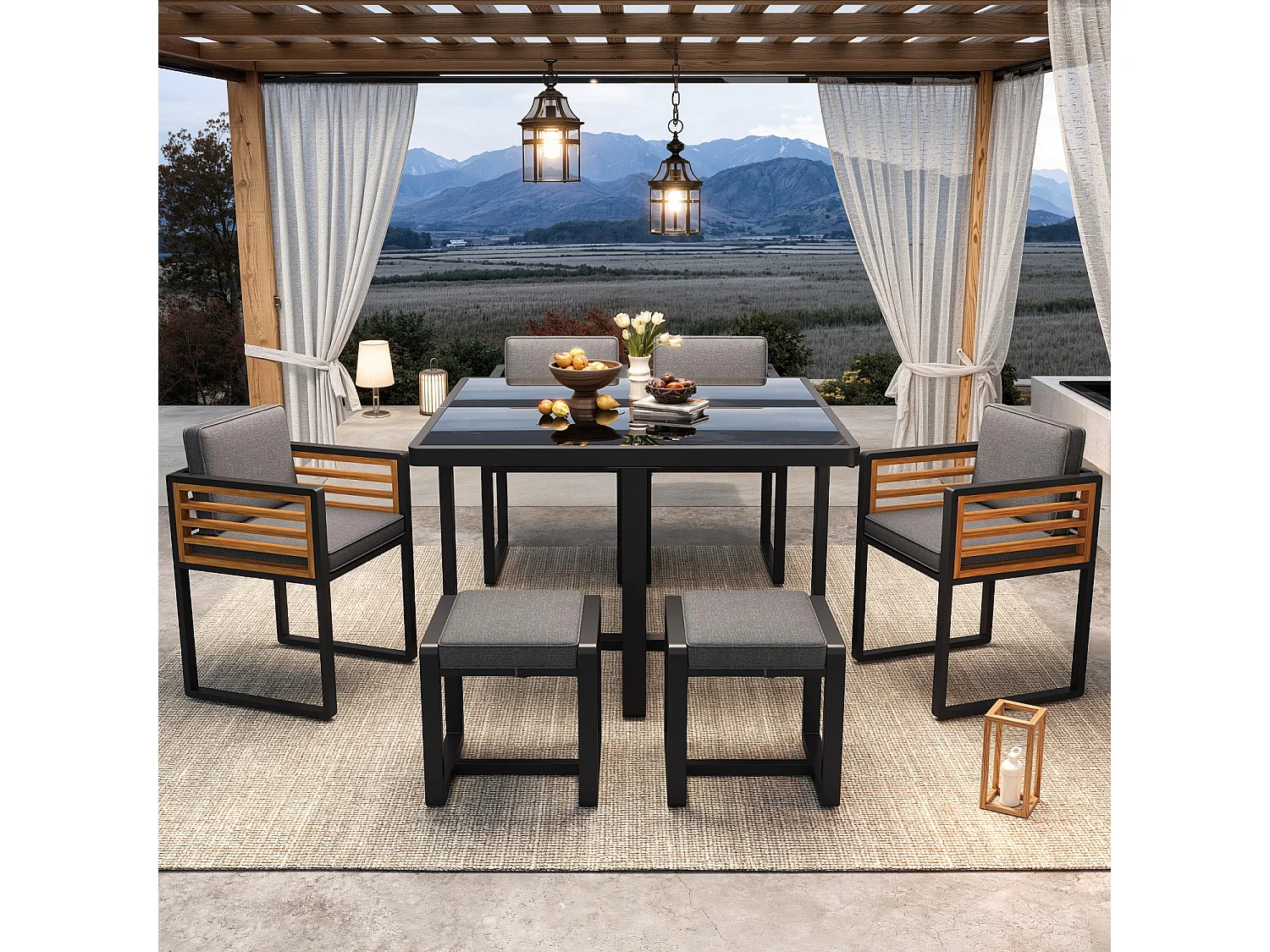 Tuinset, bestaande uit zes stoelen en een tafel voor zes personen, met glazen blad, grijs.