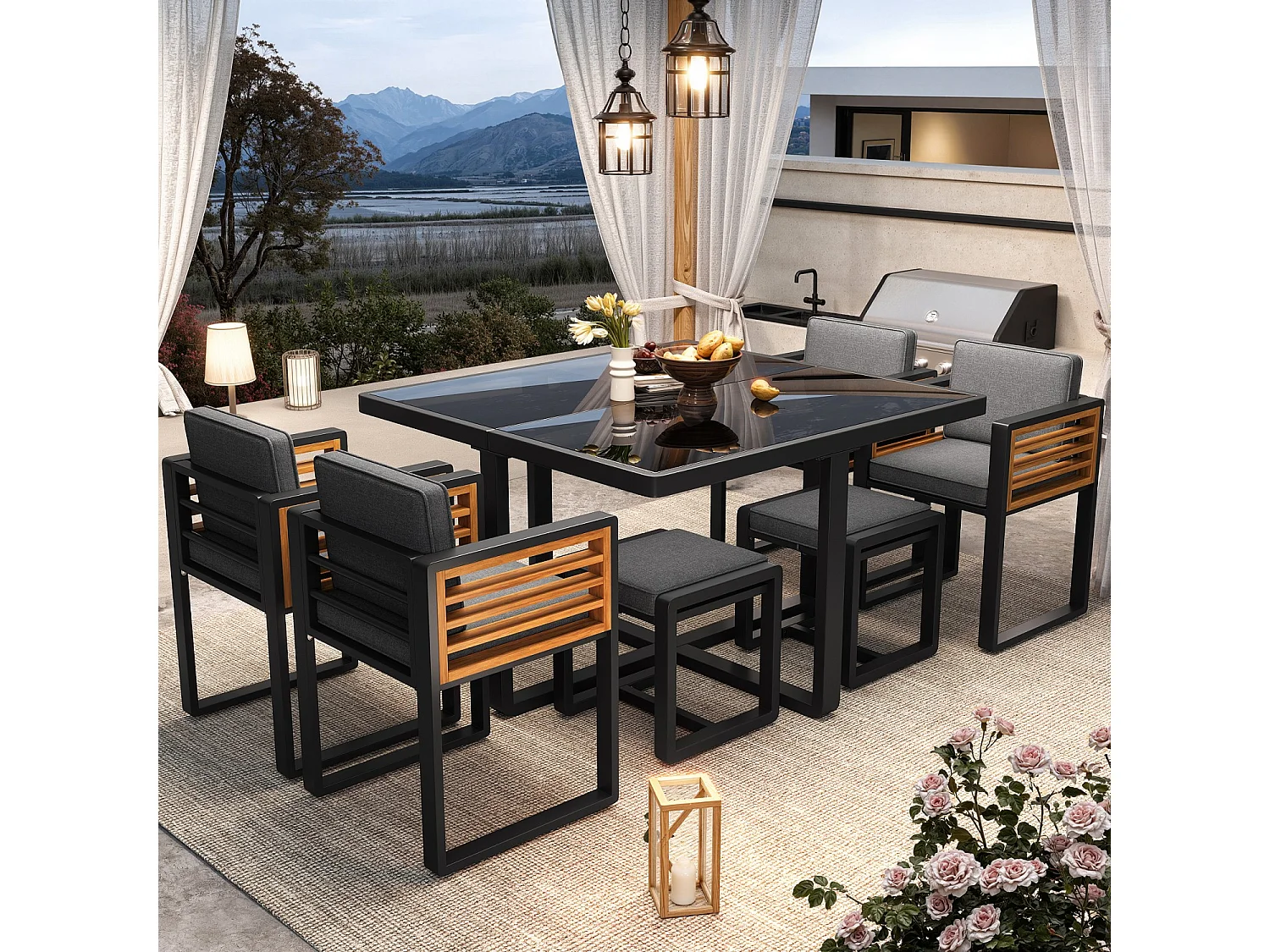 Tuinset, bestaande uit zes stoelen en een tafel voor zes personen, met glazen blad, grijs.