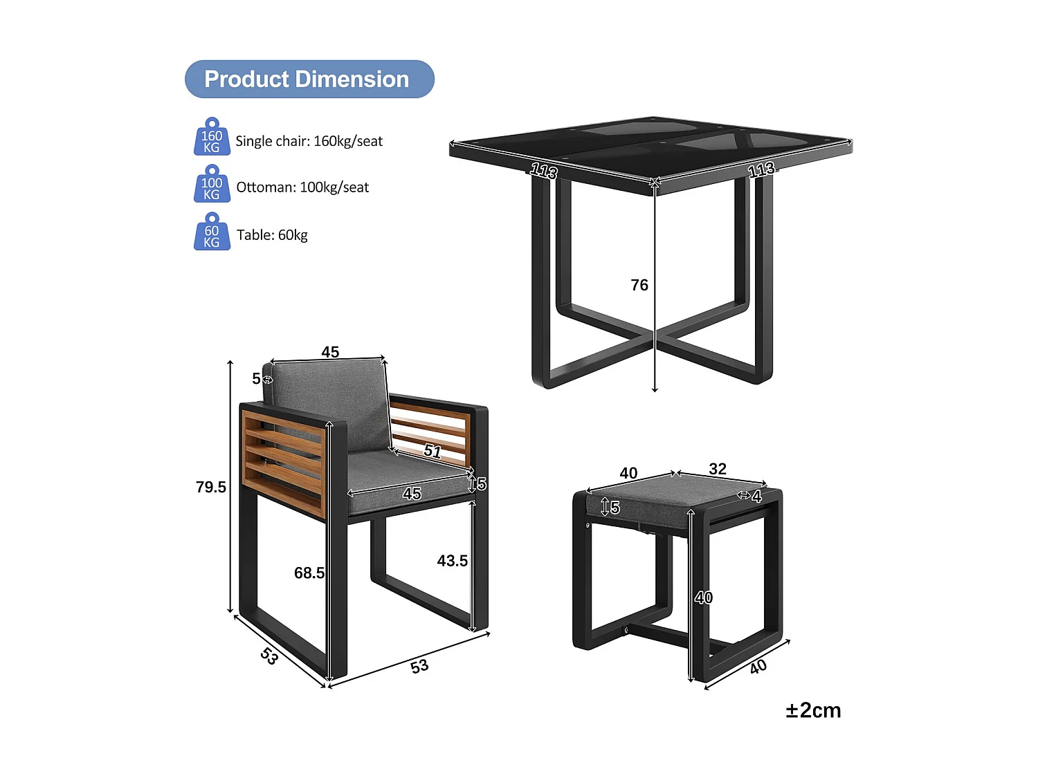 Tuinset, bestaande uit zes stoelen en een tafel voor zes personen, met glazen blad, grijs.
