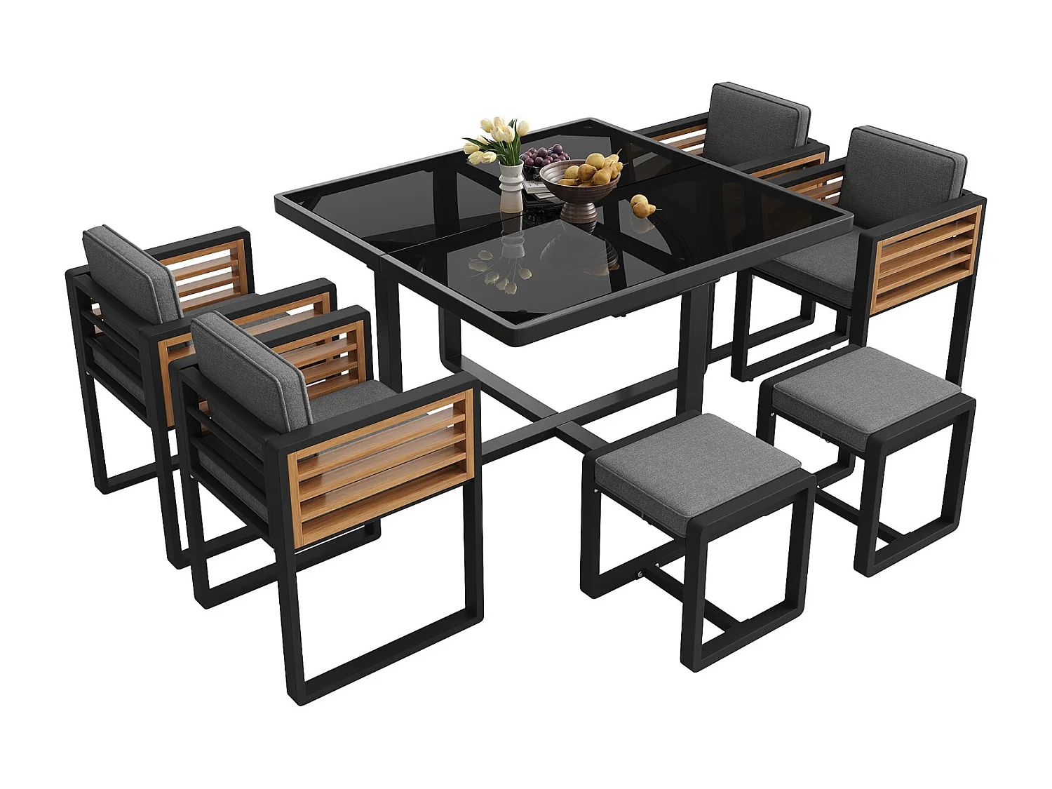 Tuinset, bestaande uit zes stoelen en een tafel voor zes personen, met glazen blad, grijs.