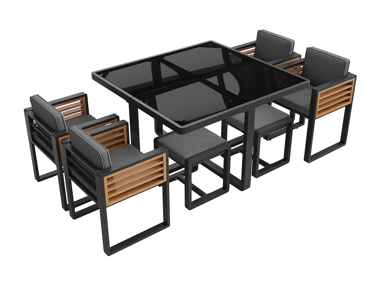 Tuinset, bestaande uit zes stoelen en een tafel voor zes personen, met glazen blad, grijs.