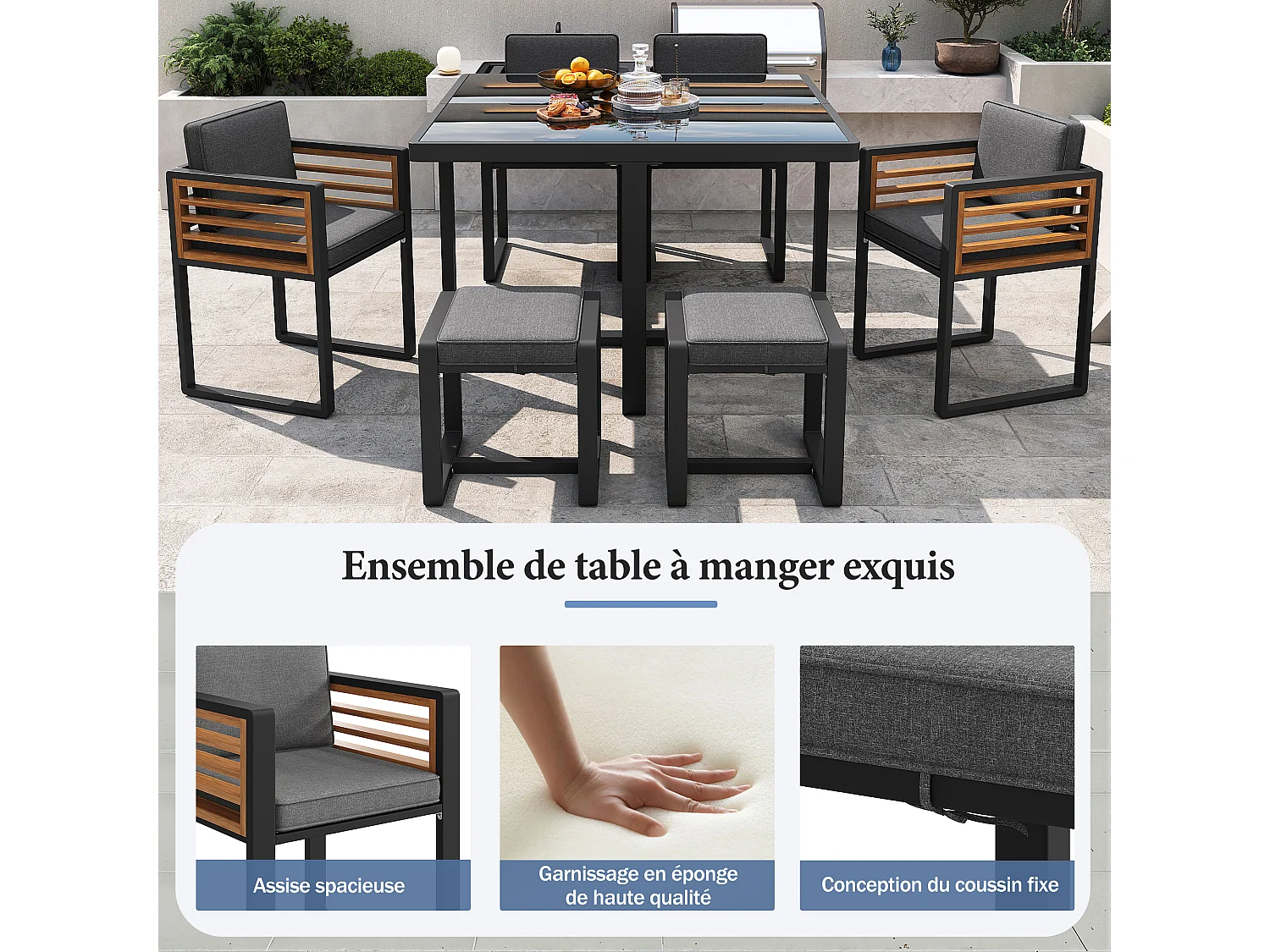 Tuinset, bestaande uit zes stoelen en een tafel voor zes personen, met glazen blad, grijs.