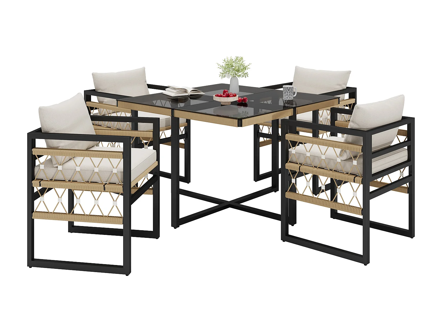 Tuinset, 4 delen, stevig ijzeren frame met vier beige kussens, weerbestendig, zwart