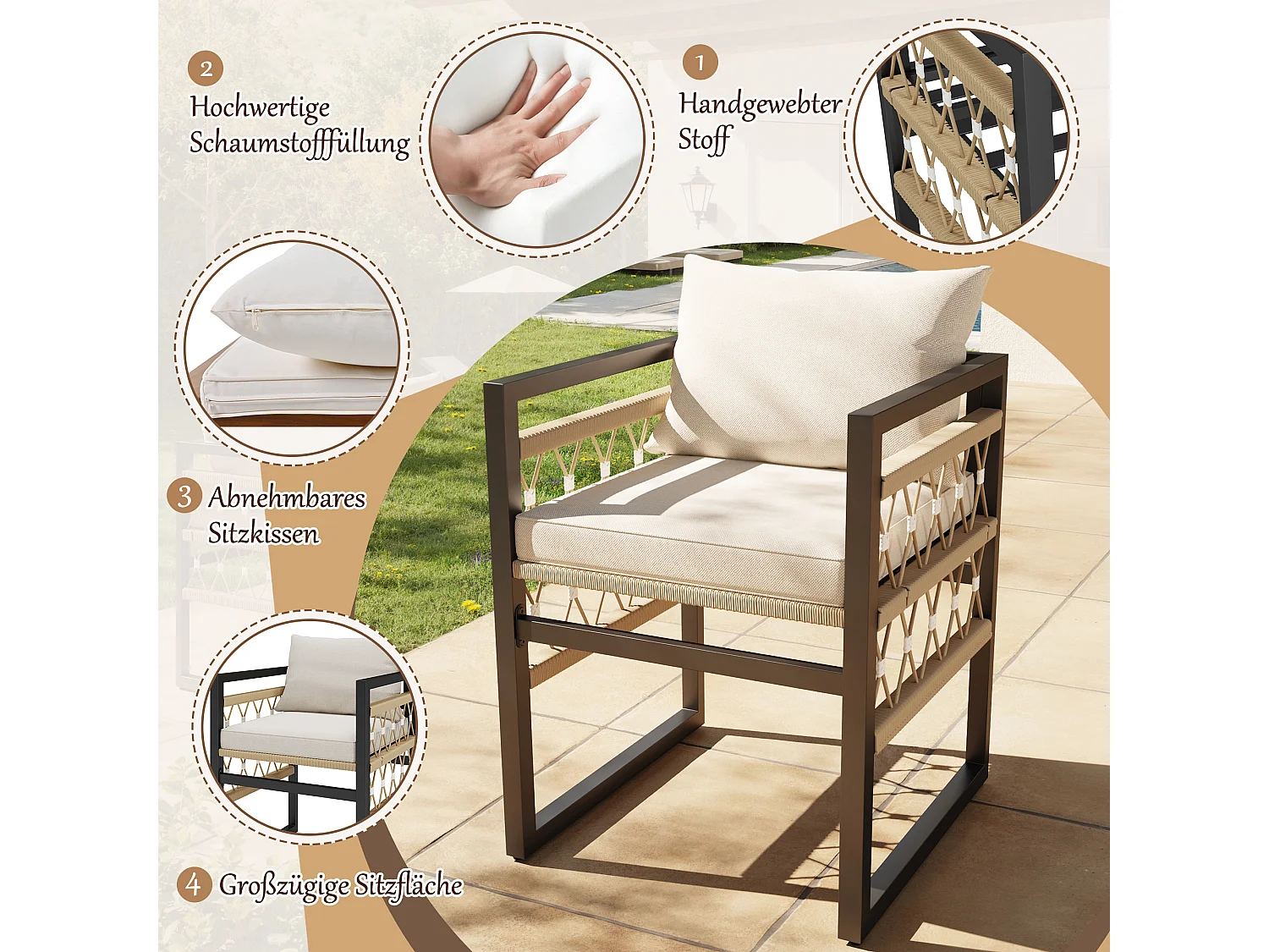 Tuinset, 4 delen, stevig ijzeren frame met vier beige kussens, weerbestendig, zwart