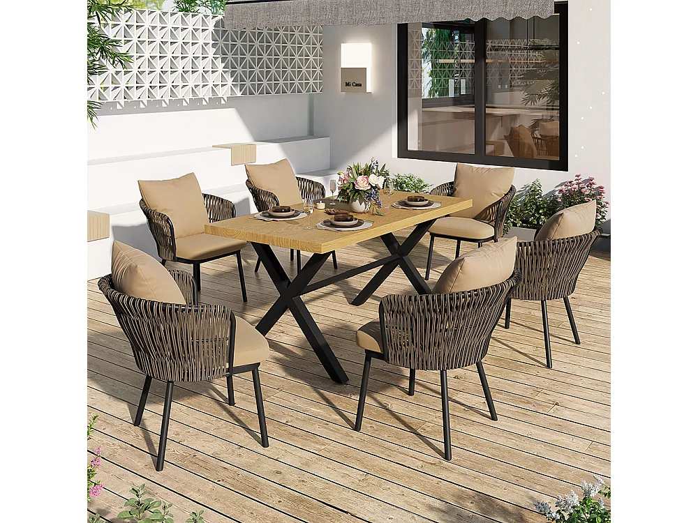 Set eetkamerstoelen, set rotan tuinligstoelen, ijzeren frame, geweven, met kussens, natuurlijke kleur