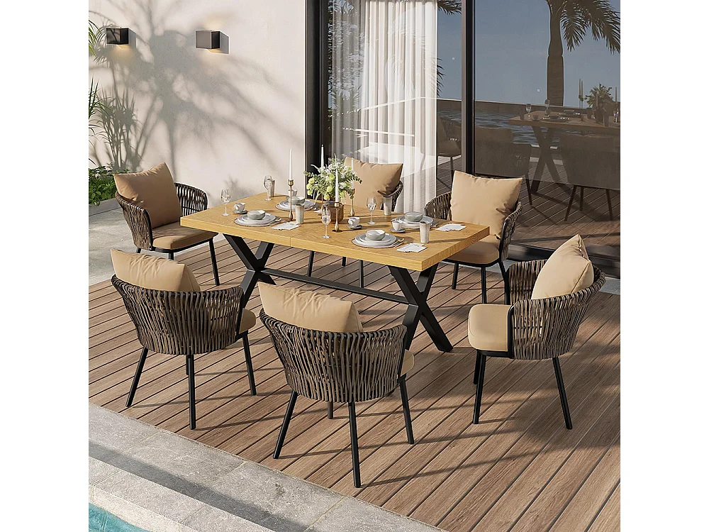 Set eetkamerstoelen, set rotan tuinligstoelen, ijzeren frame, geweven, met kussens, natuurlijke kleur