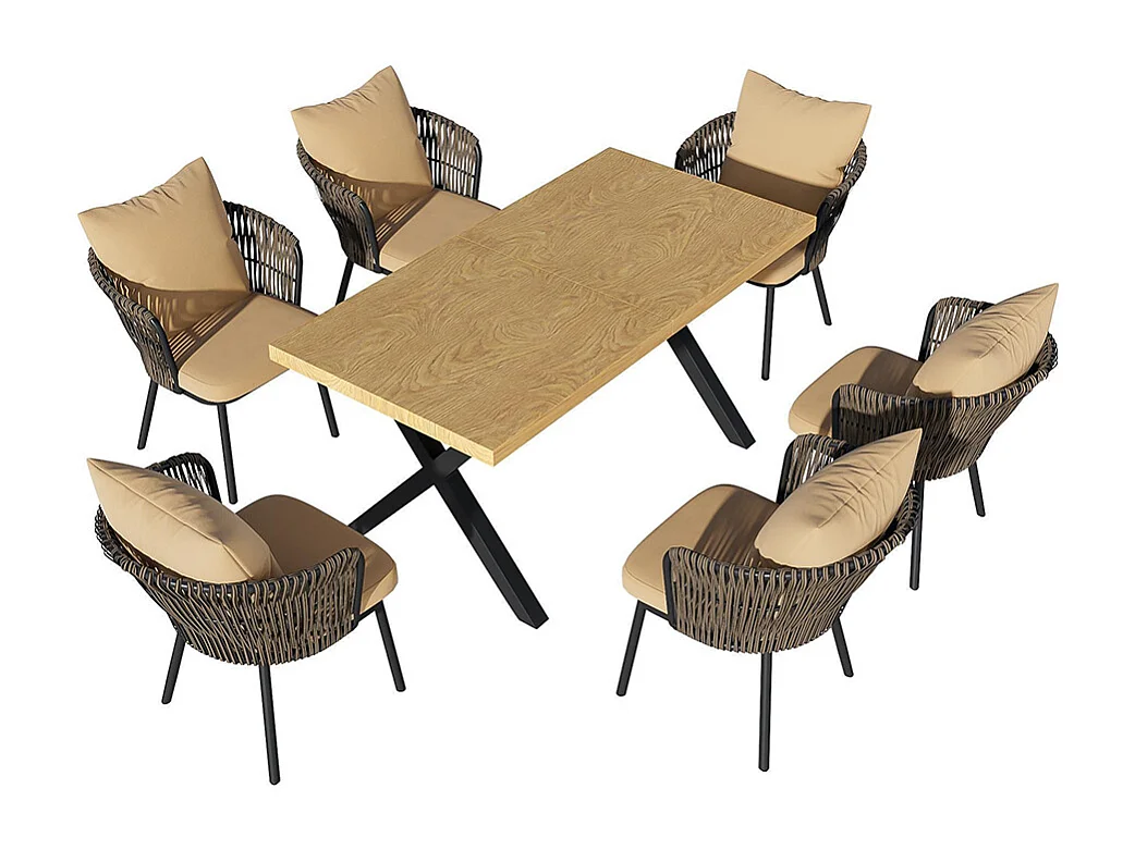 Set eetkamerstoelen, set rotan tuinligstoelen, ijzeren frame, geweven, met kussens, natuurlijke kleur