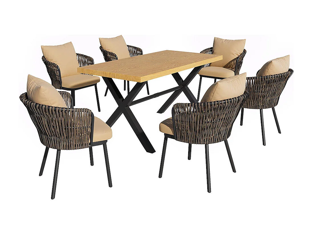 Set eetkamerstoelen, set rotan tuinligstoelen, ijzeren frame, geweven, met kussens, natuurlijke kleur