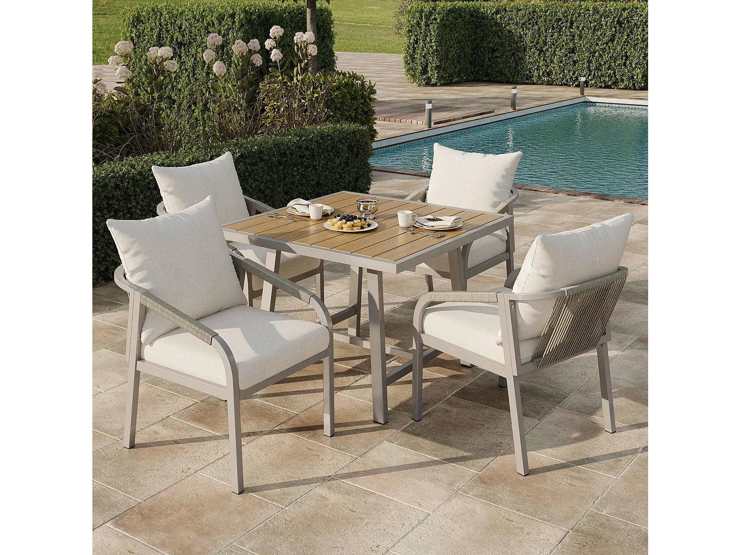 Ensemble de table et chaises de jardin, en tubes d'acier galvanisé, avec structure en corde tressée, couleur kaki et beige