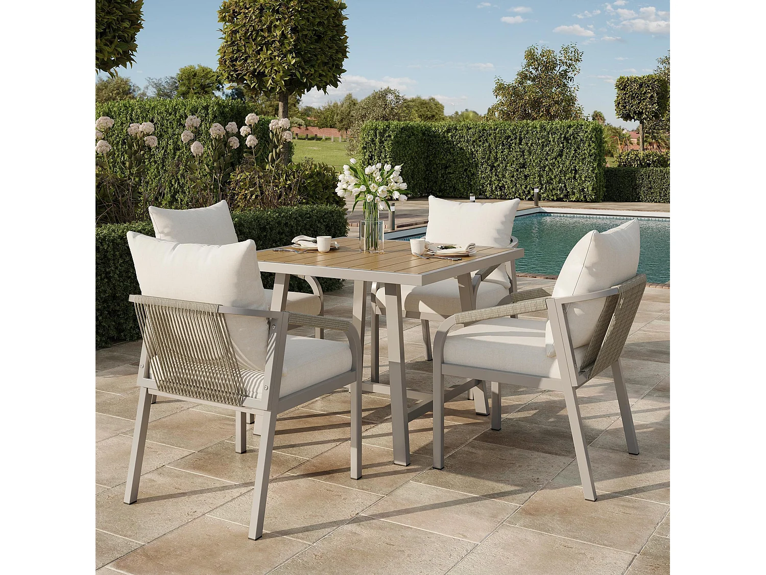 Ensemble de table et chaises de jardin, en tubes d'acier galvanisé, avec structure en corde tressée, couleur kaki et beige