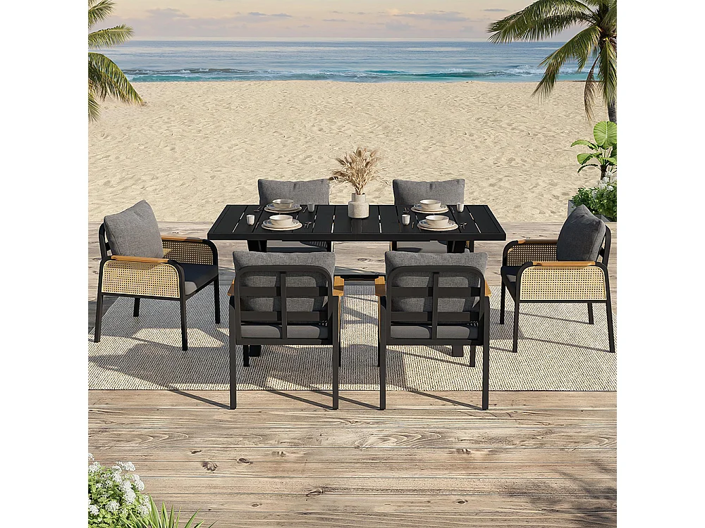 Moderne buitenbankenset, conferentieset, ijzeren frame, gevlochten armleuningen, inclusief kussens, zwart