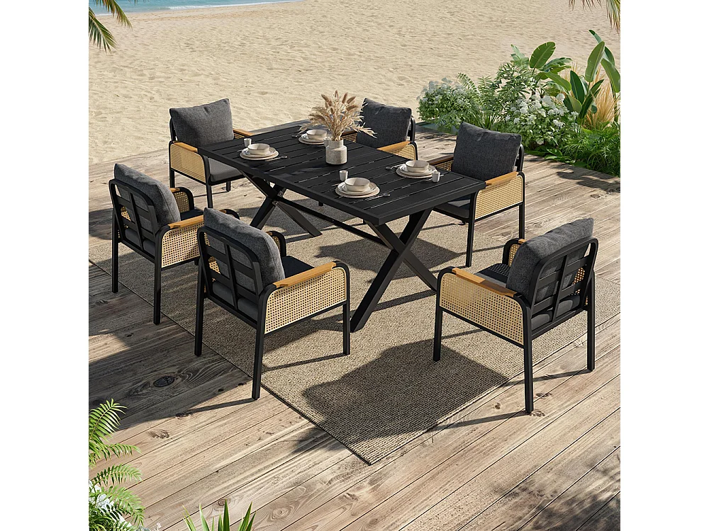 Moderne buitenbankenset, conferentieset, ijzeren frame, gevlochten armleuningen, inclusief kussens, zwart