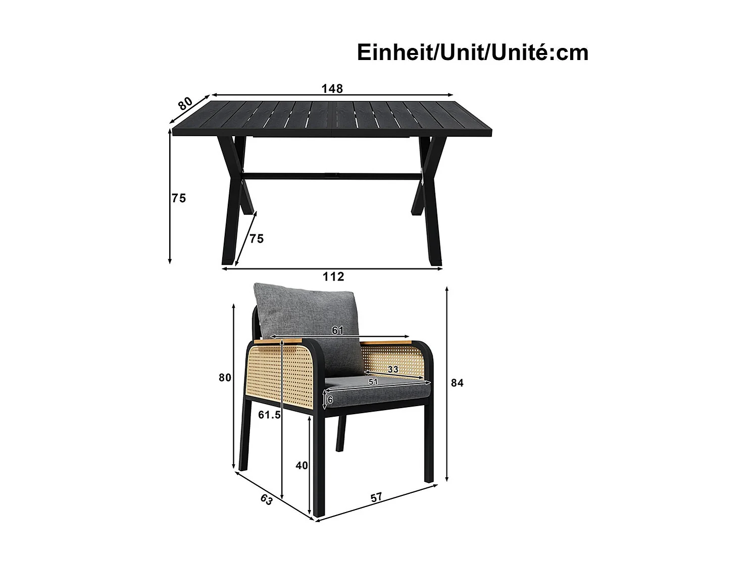 Moderne buitenbankenset, conferentieset, ijzeren frame, gevlochten armleuningen, inclusief kussens, zwart