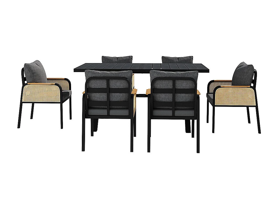 Moderne buitenbankenset, conferentieset, ijzeren frame, gevlochten armleuningen, inclusief kussens, zwart