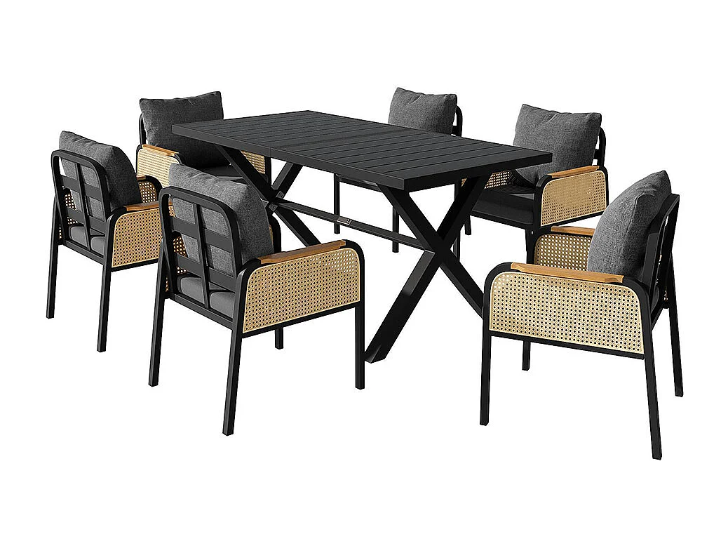 Moderne buitenbankenset, conferentieset, ijzeren frame, gevlochten armleuningen, inclusief kussens, zwart