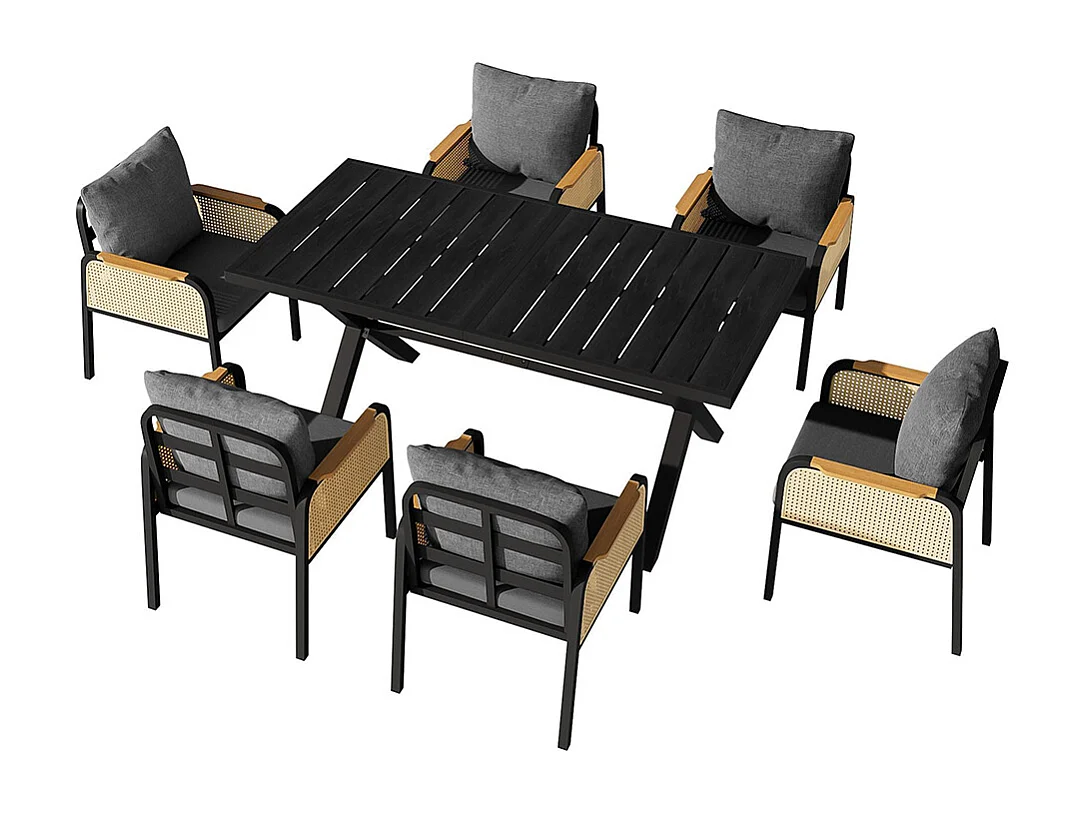 Moderne buitenbankenset, conferentieset, ijzeren frame, gevlochten armleuningen, inclusief kussens, zwart