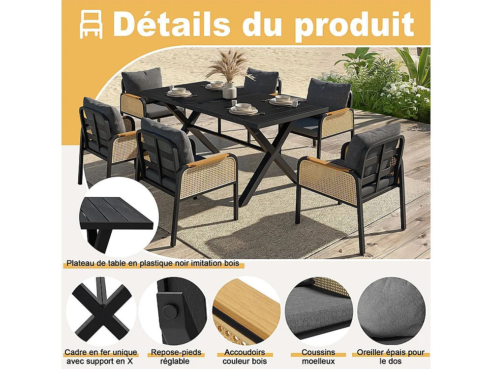 Moderne buitenbankenset, conferentieset, ijzeren frame, gevlochten armleuningen, inclusief kussens, zwart