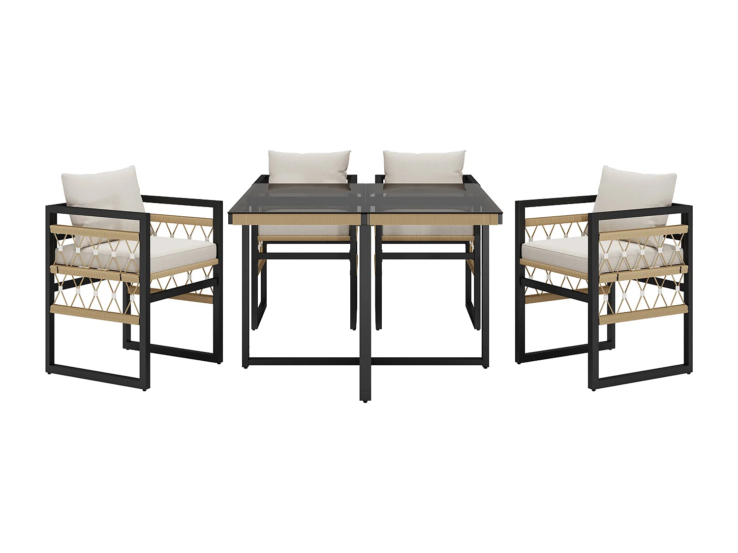 Set di divani da giardino 8 pezzi, struttura in ferro robusto con quattro cuscini beige, resistente alle intemperie, nero