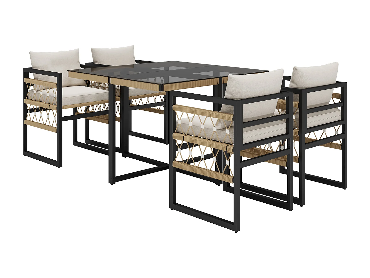 Set di divani da giardino 8 pezzi, struttura in ferro robusto con quattro cuscini beige, resistente alle intemperie, nero