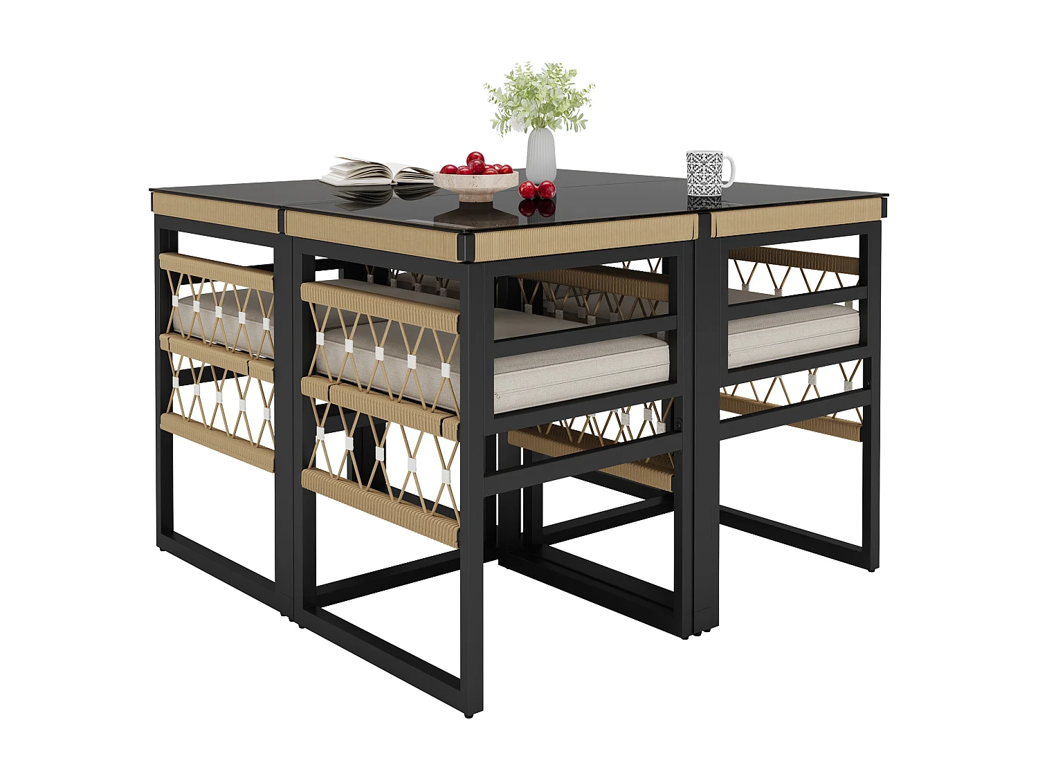 Set di divani da giardino 8 pezzi, struttura in ferro robusto con quattro cuscini beige, resistente alle intemperie, nero