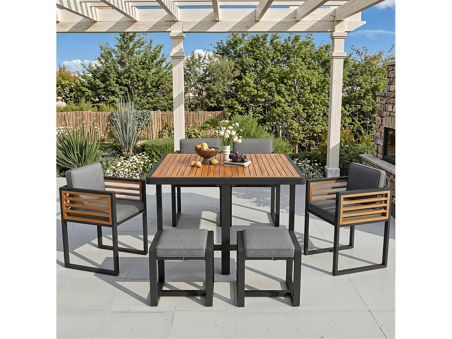 Tuinset, bestaande uit zes stoelen en een tafel voor zes personen, met massief houten blad, grijs