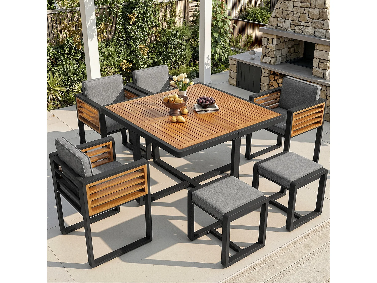 Tuinset, bestaande uit zes stoelen en een tafel voor zes personen, met massief houten blad, grijs