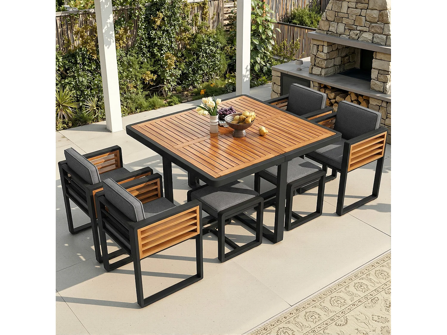 Tuinset, bestaande uit zes stoelen en een tafel voor zes personen, met massief houten blad, grijs