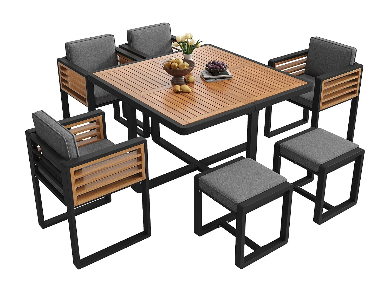 Tuinset, bestaande uit zes stoelen en een tafel voor zes personen, met massief houten blad, grijs