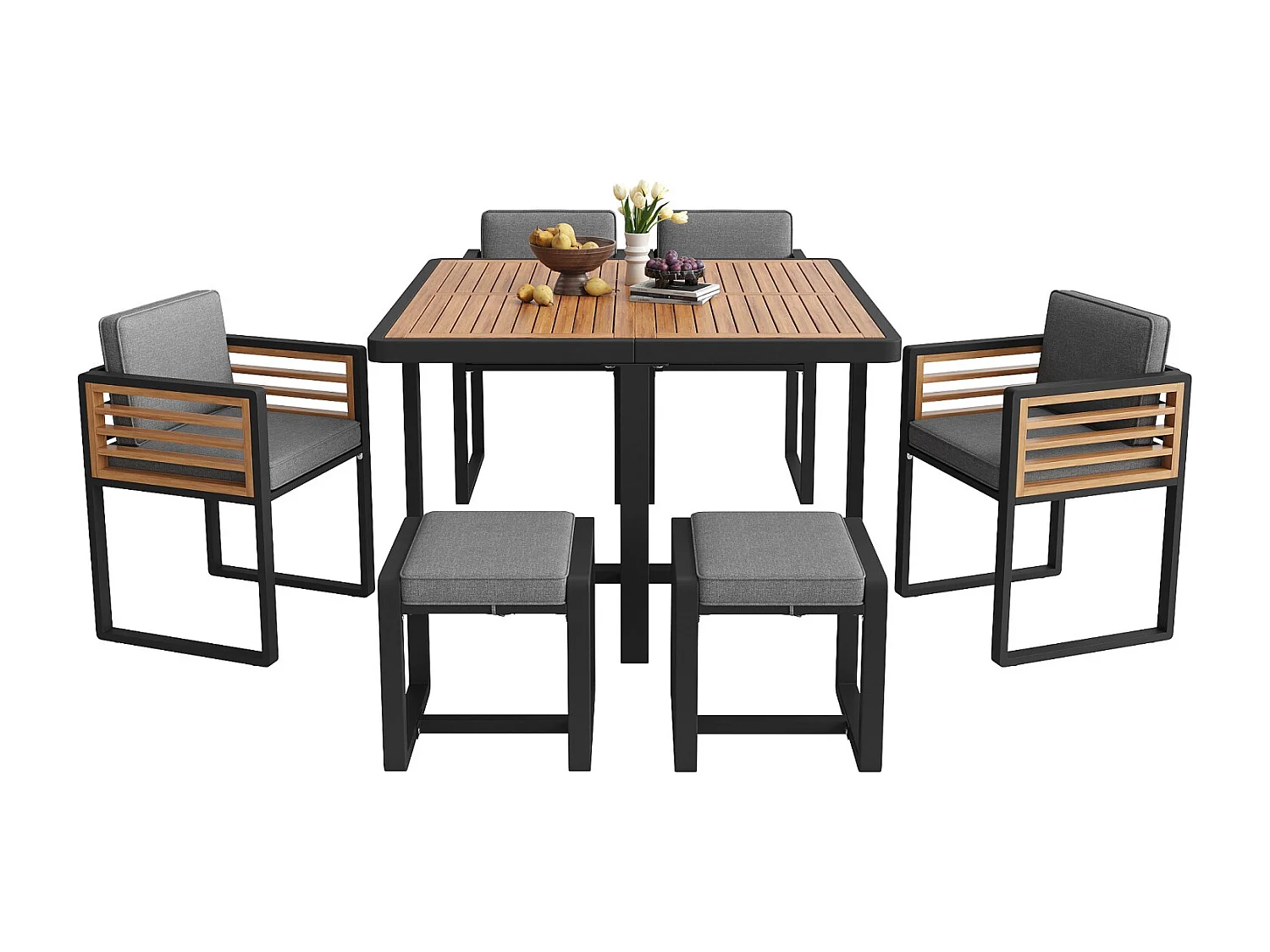 Tuinset, bestaande uit zes stoelen en een tafel voor zes personen, met massief houten blad, grijs