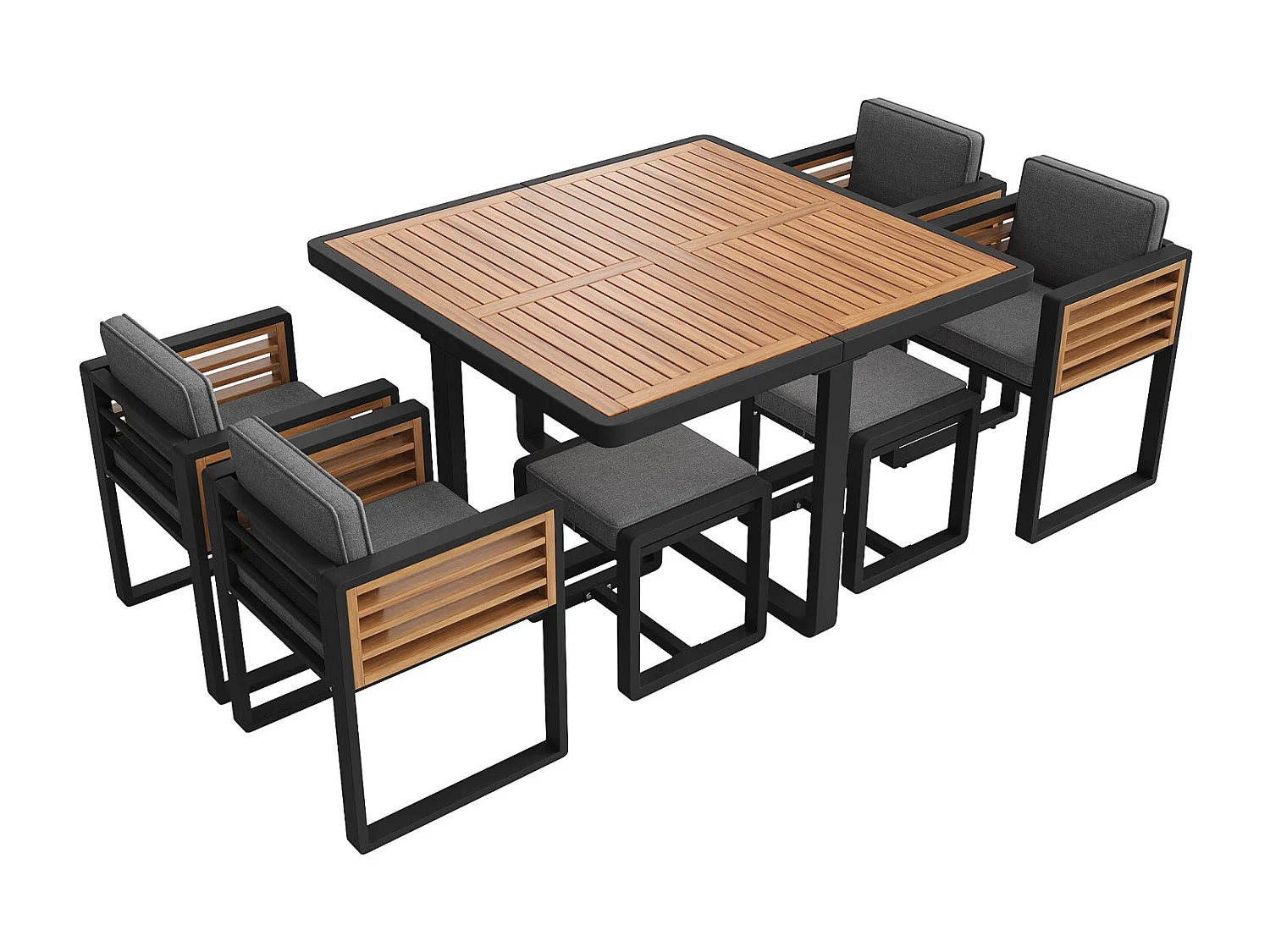 Tuinset, bestaande uit zes stoelen en een tafel voor zes personen, met massief houten blad, grijs