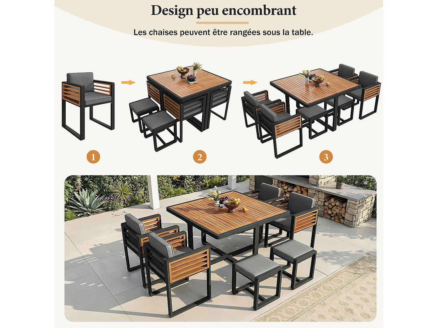 Tuinset, bestaande uit zes stoelen en een tafel voor zes personen, met massief houten blad, grijs