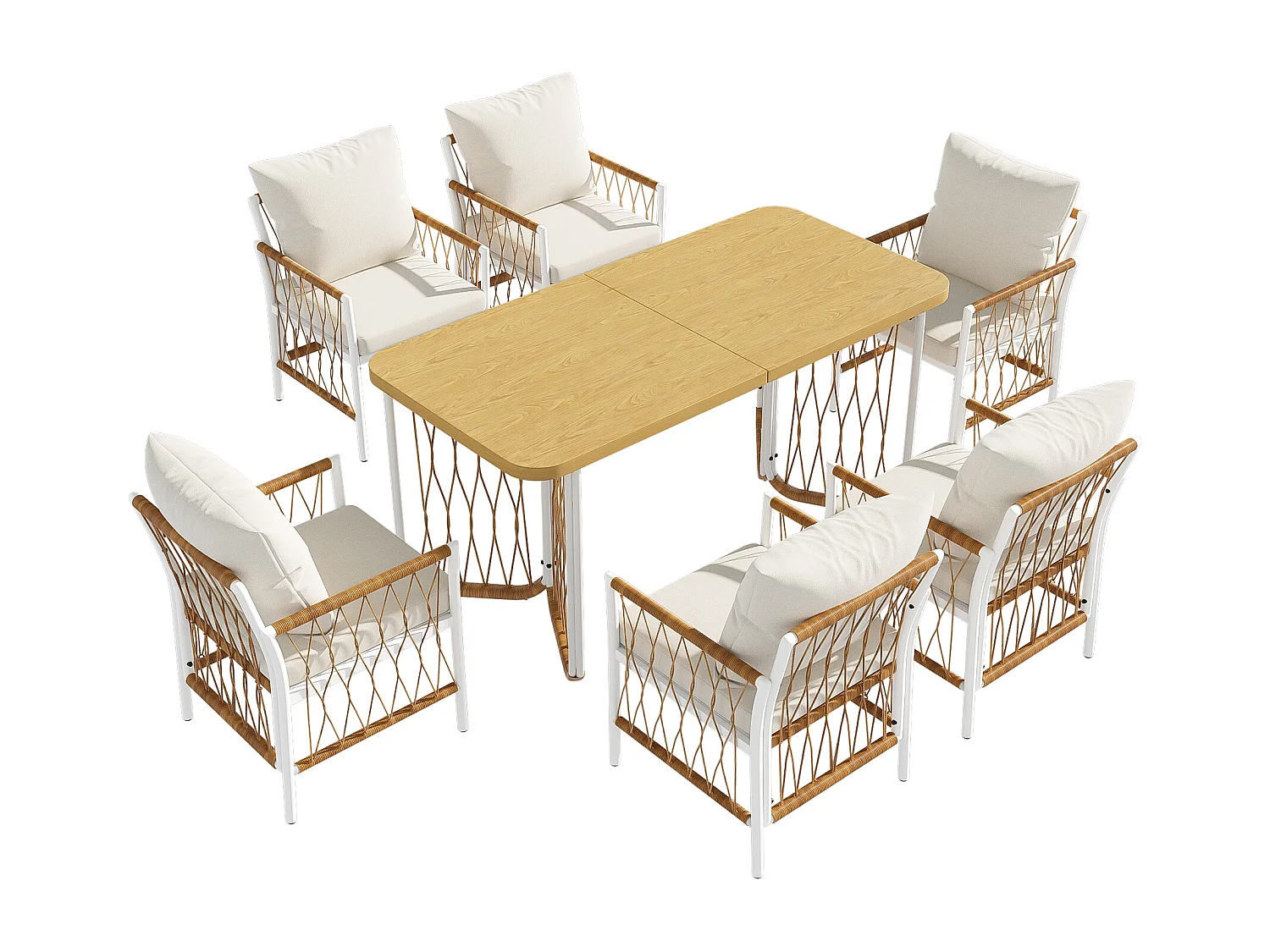 Moderne buitenloungeset, stalen frame, gevlochten armleuningen, inclusief kussens, beige