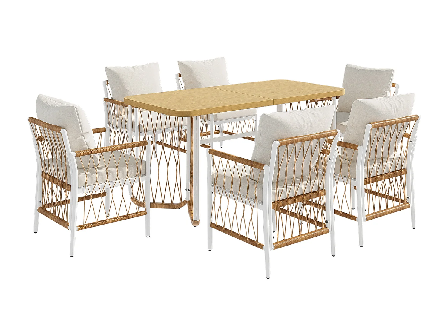 Moderne buitenloungeset, stalen frame, gevlochten armleuningen, inclusief kussens, beige