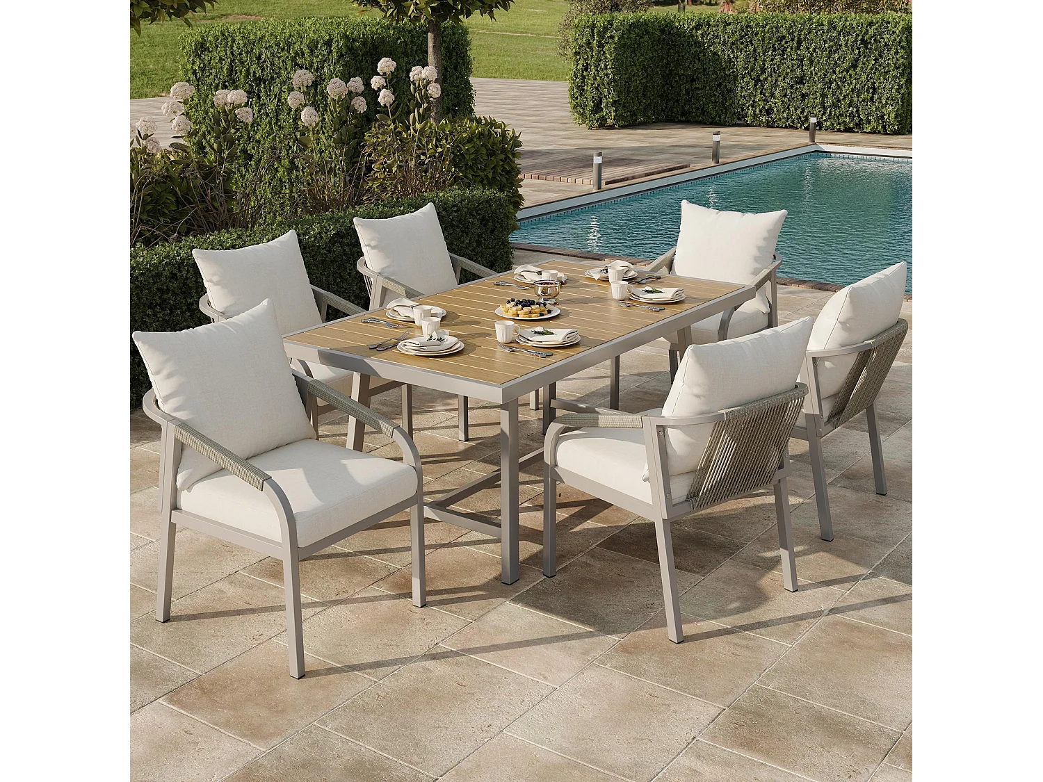 Tuintafel- en stoelenset, van gegalvaniseerde stalen buizen, blad van kunsthout, ontwerp met gevlochten touw, kleur kaki + beige