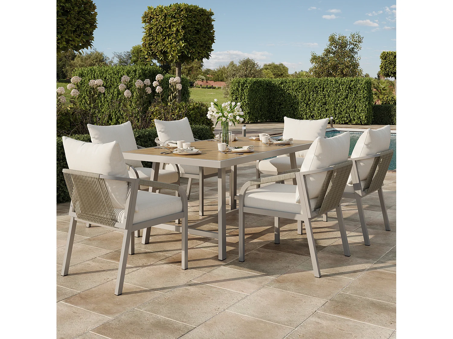 Tuintafel- en stoelenset, van gegalvaniseerde stalen buizen, blad van kunsthout, ontwerp met gevlochten touw, kleur kaki + beige