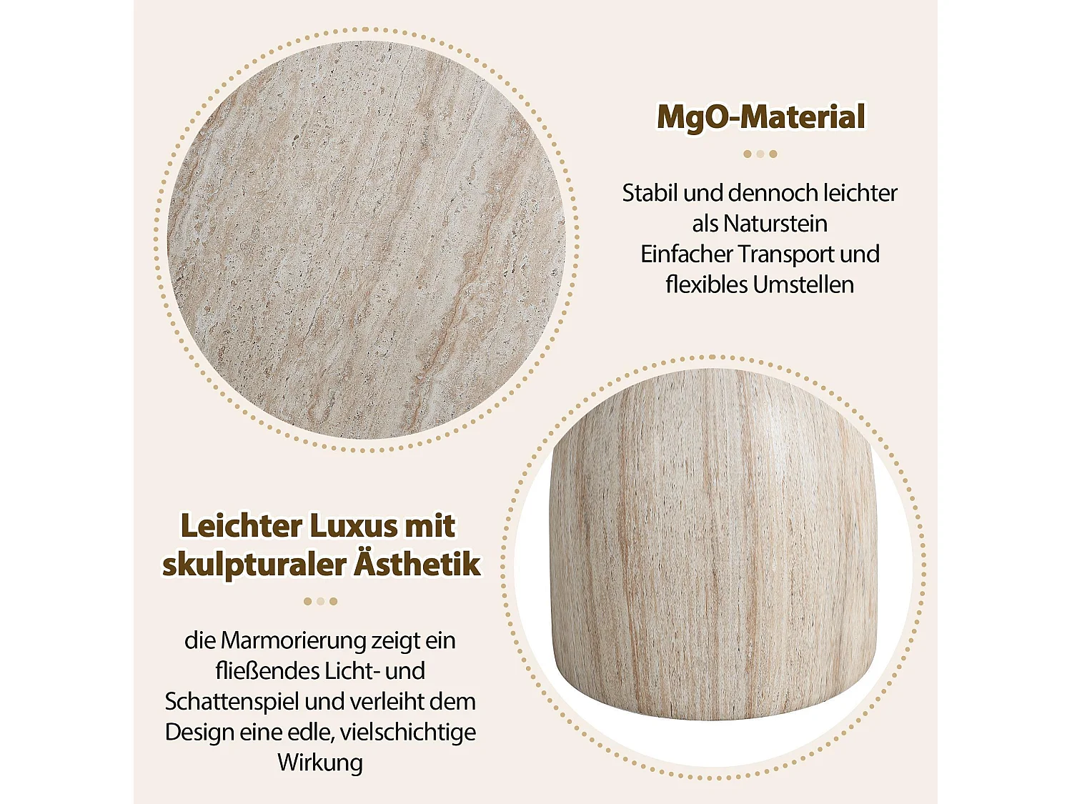 Bijzettafel voor buiten van MgO, met marmerlook, beige
